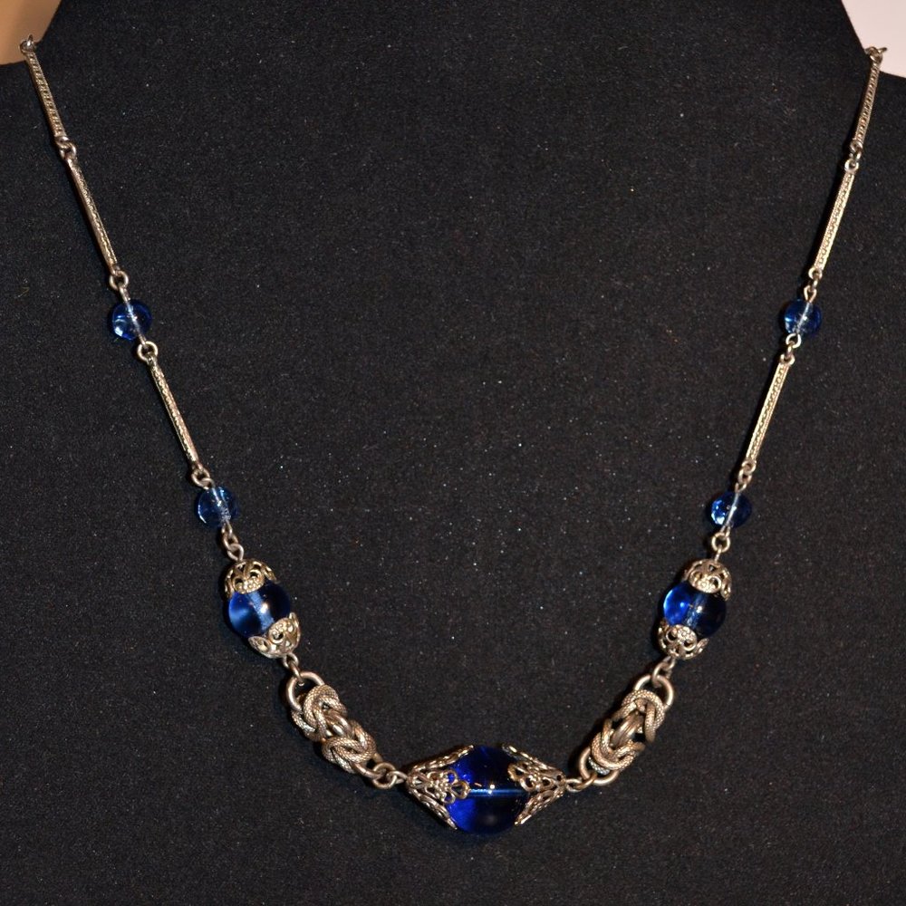 Blue Glass Beads and Silver Necklace